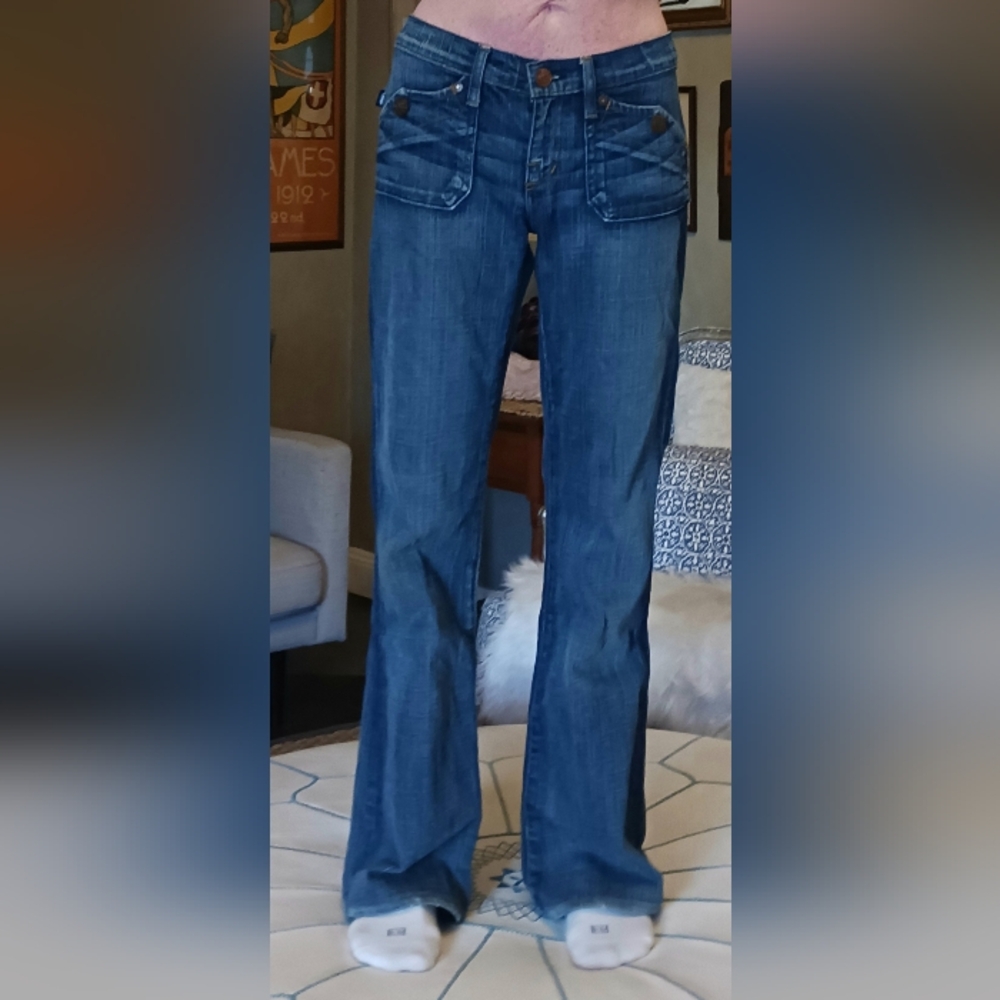 Rock & Republic Distressed Blue Flare Jeans with Front Patch Pockets